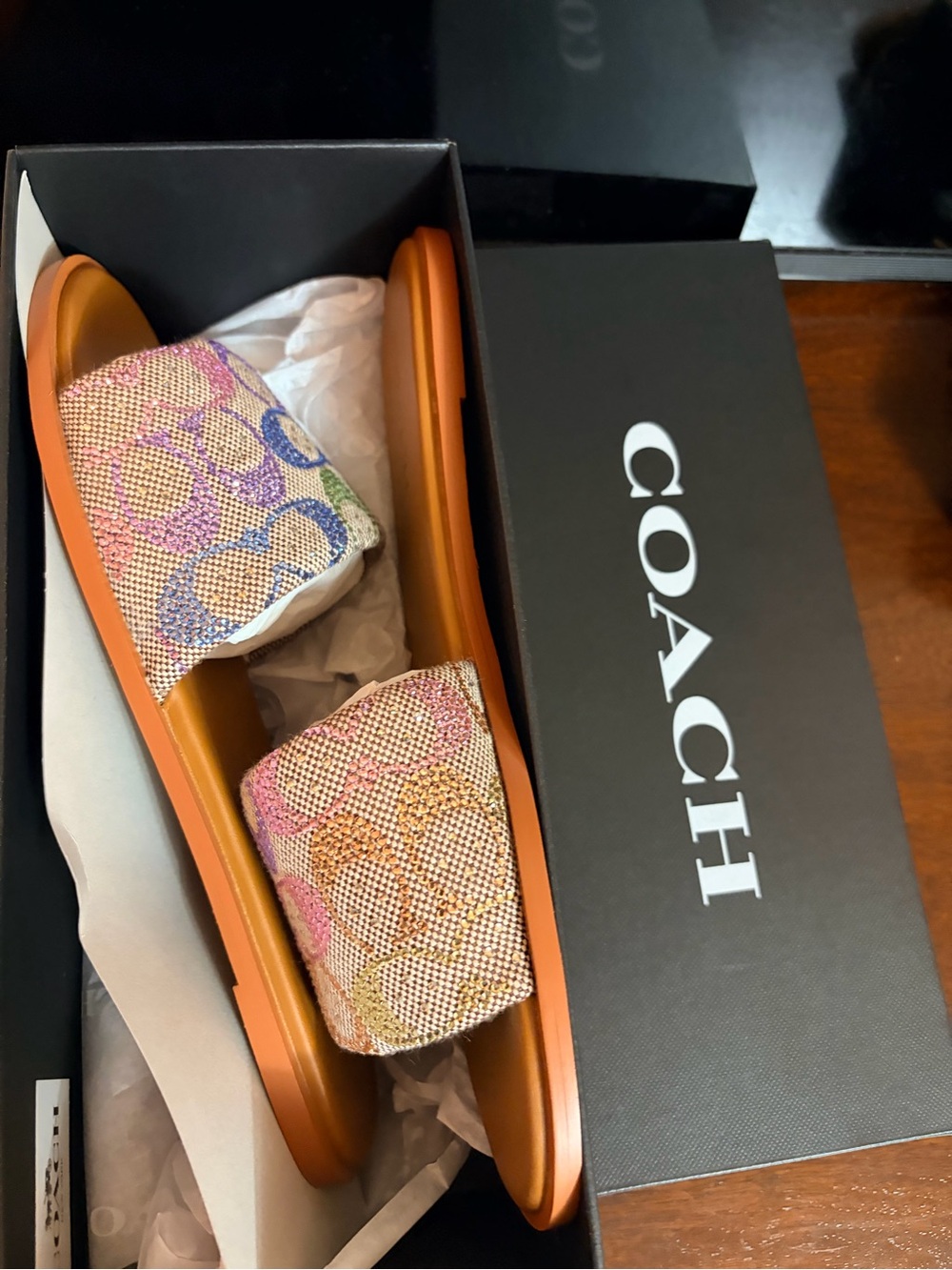COACH Multicolor Rhinestone Signature Jacquard Slide Sandals with Tan Footbed